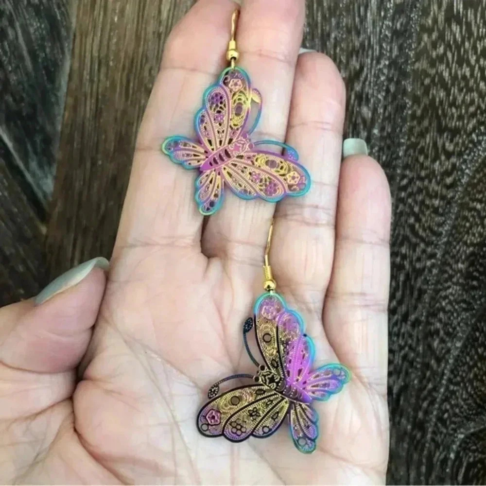 Intricate Butterfly Oilslick Gold Handmade Filigree Earrings